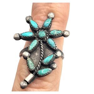 Old Vintage ZUNI 1970s TURQUOISE Petit Point Sterling Silver RING size 5 Pawn